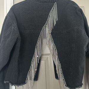 Sequined distressed black denim jacket in L